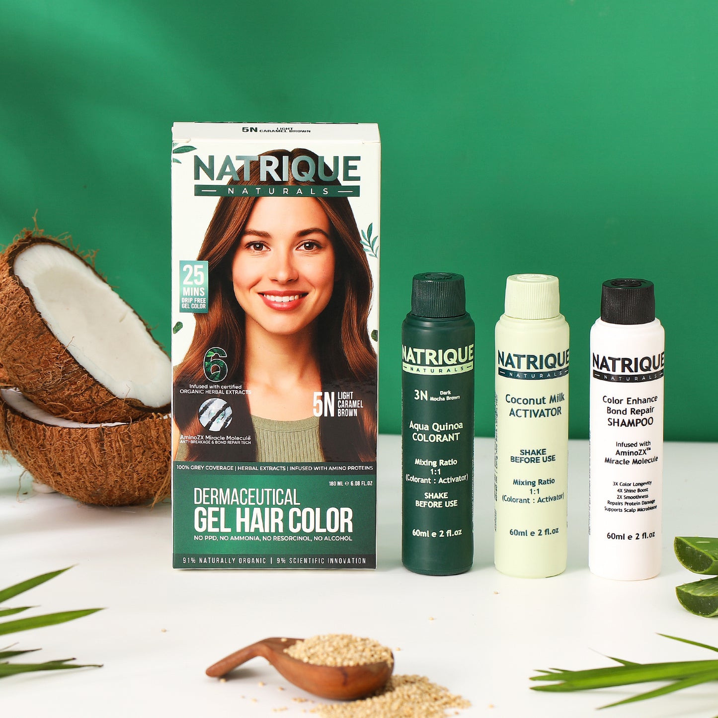 Damage Free Gel Hair Color infused with Amino Peptides & 6 Herbs | Light Caramel Brown 5N | 180ml